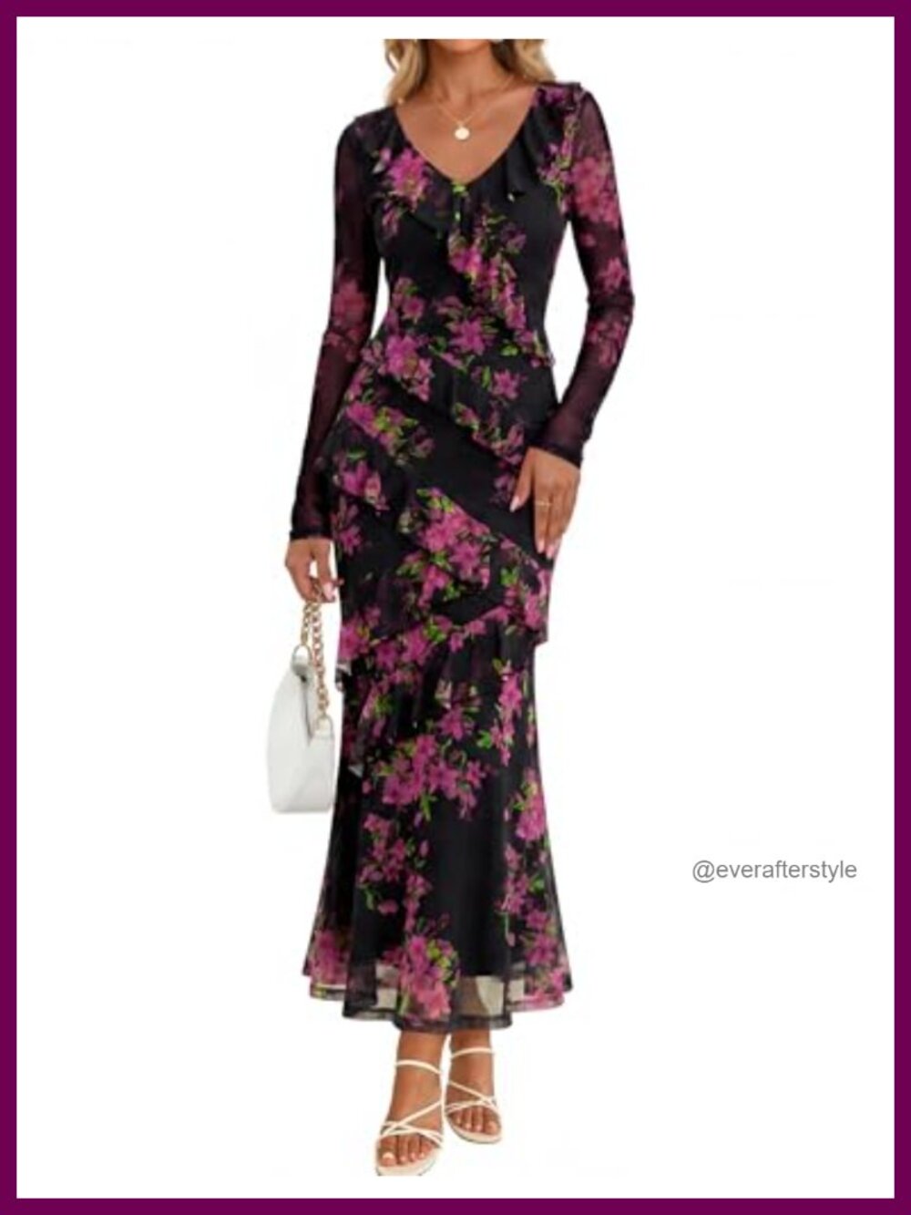 Floral Mesh Maxi Dress Long Sleeve V-Neck Formal